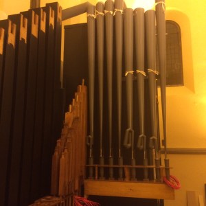 The second windchest for the Pedal 16' Trombone and its pipes, all now fitted 