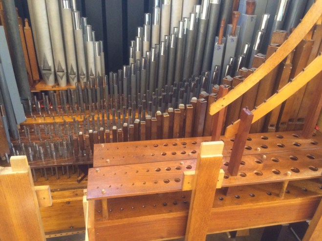 The Great pipework in place on its wind chest. The empty pipe racks in front are for the refurbished 8' Trumpet and 4' Clarion pipes from our old organ, which are on site awaiting fitting 