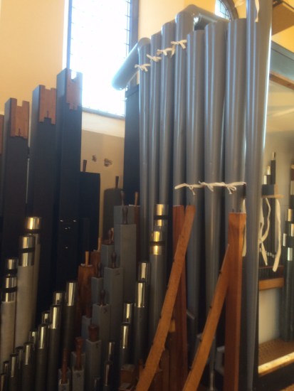 The Great soundboard looking towards the pedal trombone 16' mounted along the side of the Swellbox