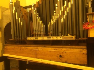 The Great Windchest and some of its pipes fitted into place in front of the Pedal pipes